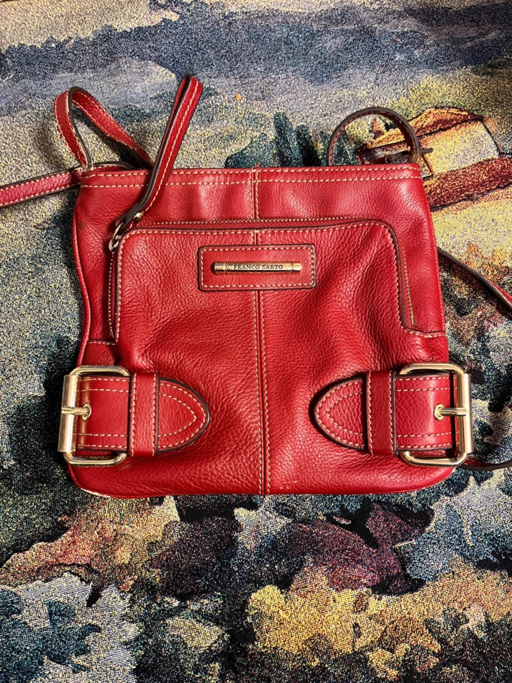 Franco Sarto Red Leather Crossbody with Gold Buckle Accents
